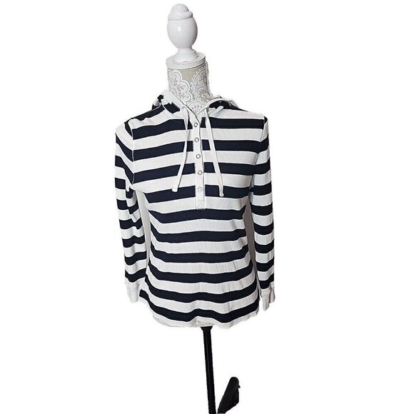 Lauren Ralph Lauren Cotton Hoodie White Black Striped Snaps Pullover Women's PM - Picture 2 of 8